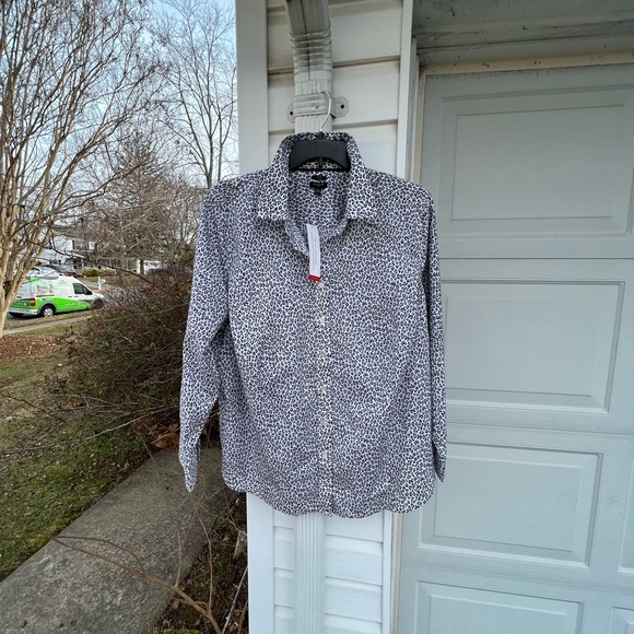 NWT Talbots Fun Gray Black Leopard Wrinkle Resistant Long Sleeve Blouse - Picture 2 of 7